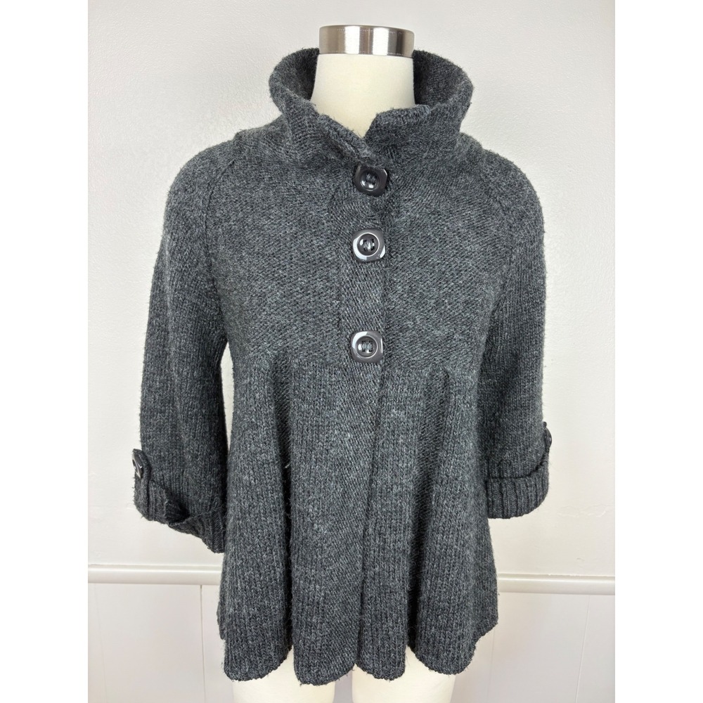 Alberto Makali Cardigan Wool Blend High Collar Size L Dark Gray 3/4‎ Sleeve Vtg